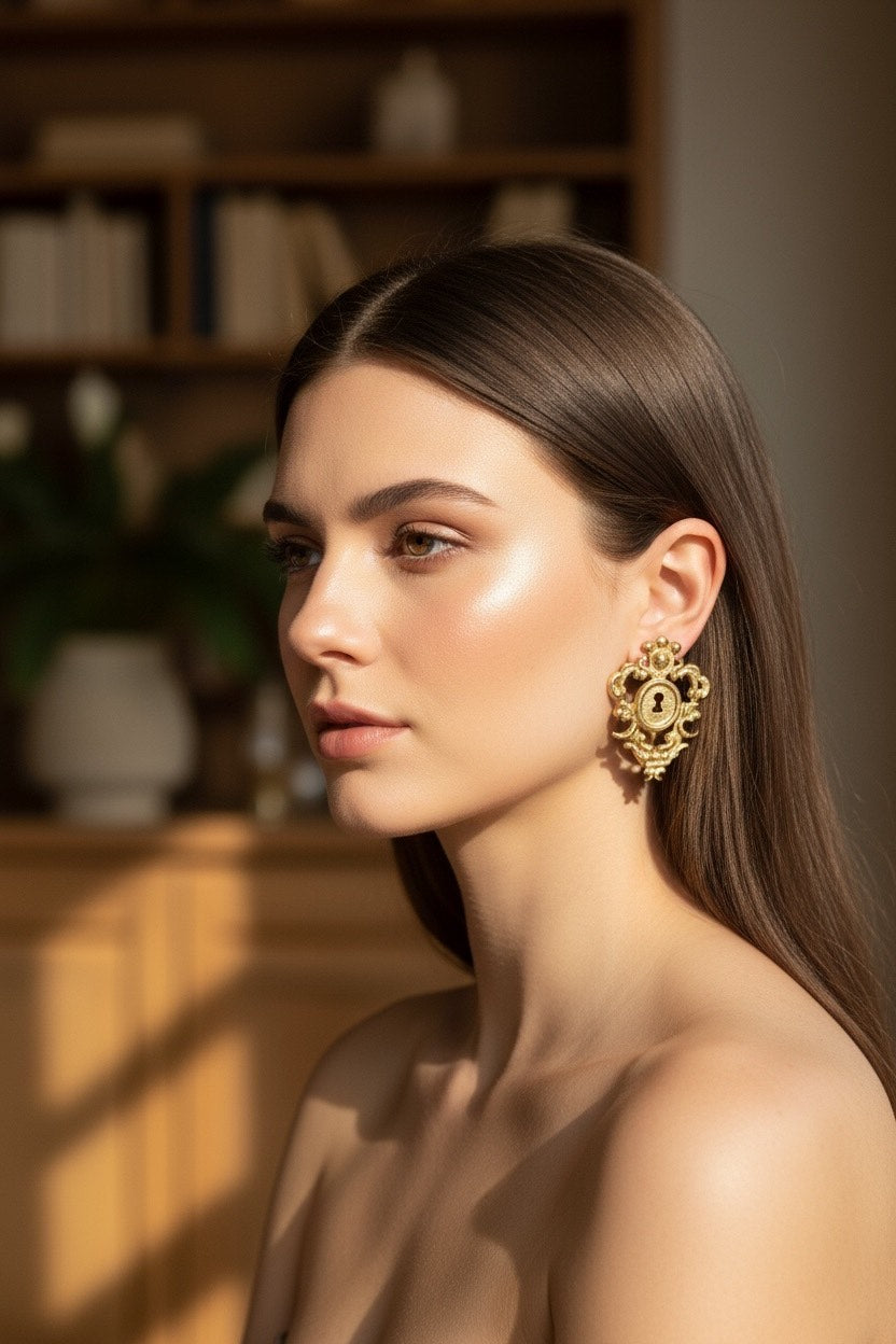 Elegant woman wearing the Simone Rocha Gold-plated Baroque-inspired Statement earrings.